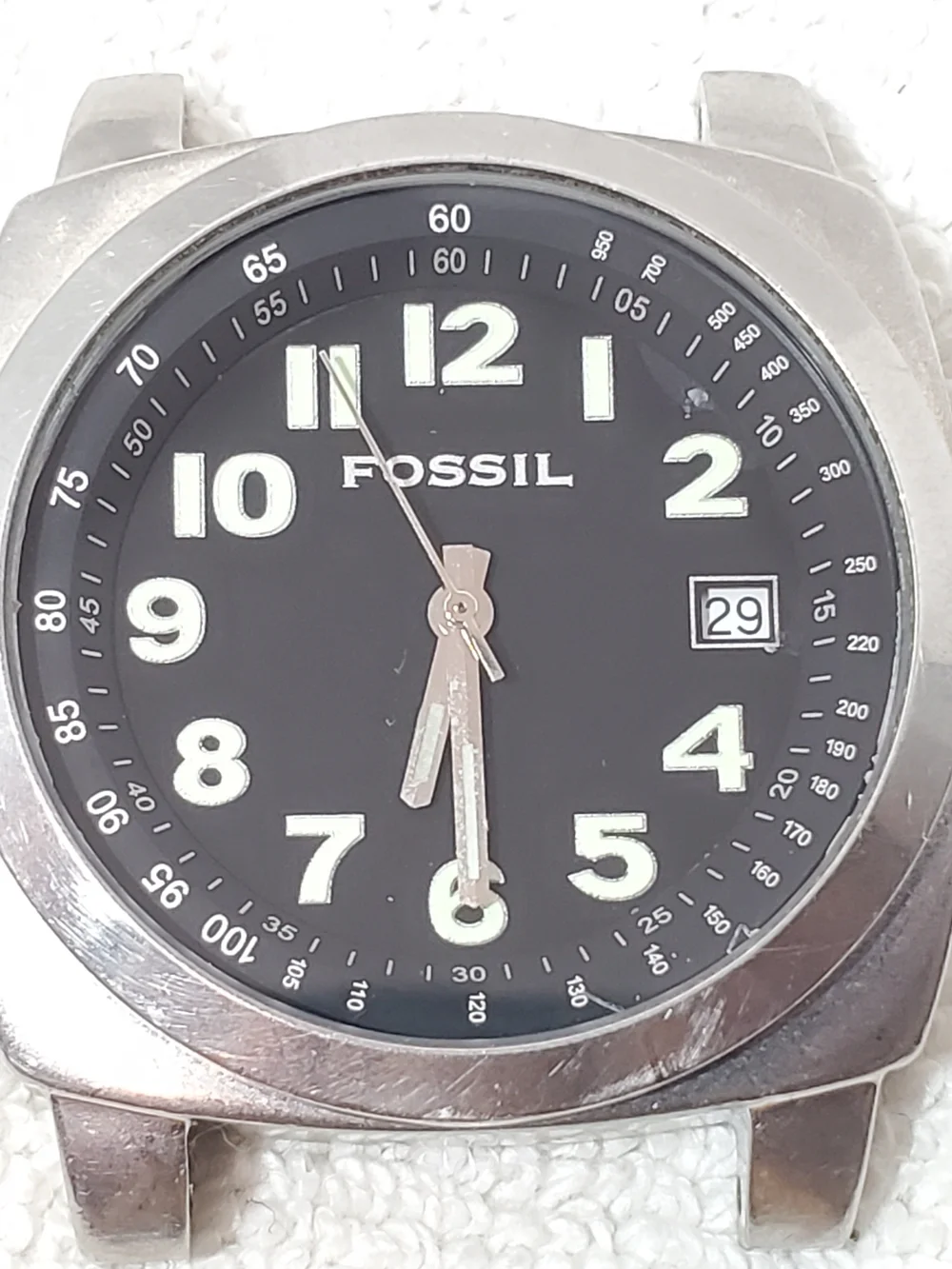 Vintage Fossil Men's Date Stainless Steel Quartz Watch Black Dial One Jewel